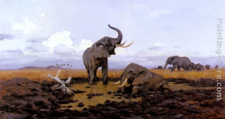 In The Twilight, Elephants painting - Wilhelm Kuhnert In The Twilight, Elephants art painting